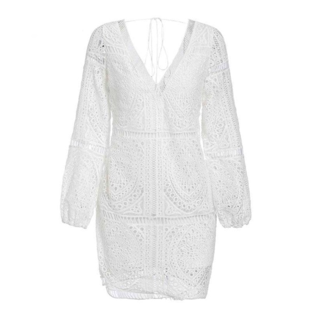 Boho White Low back Tassel Tie Lace dress cover up - Picture 5 of 7